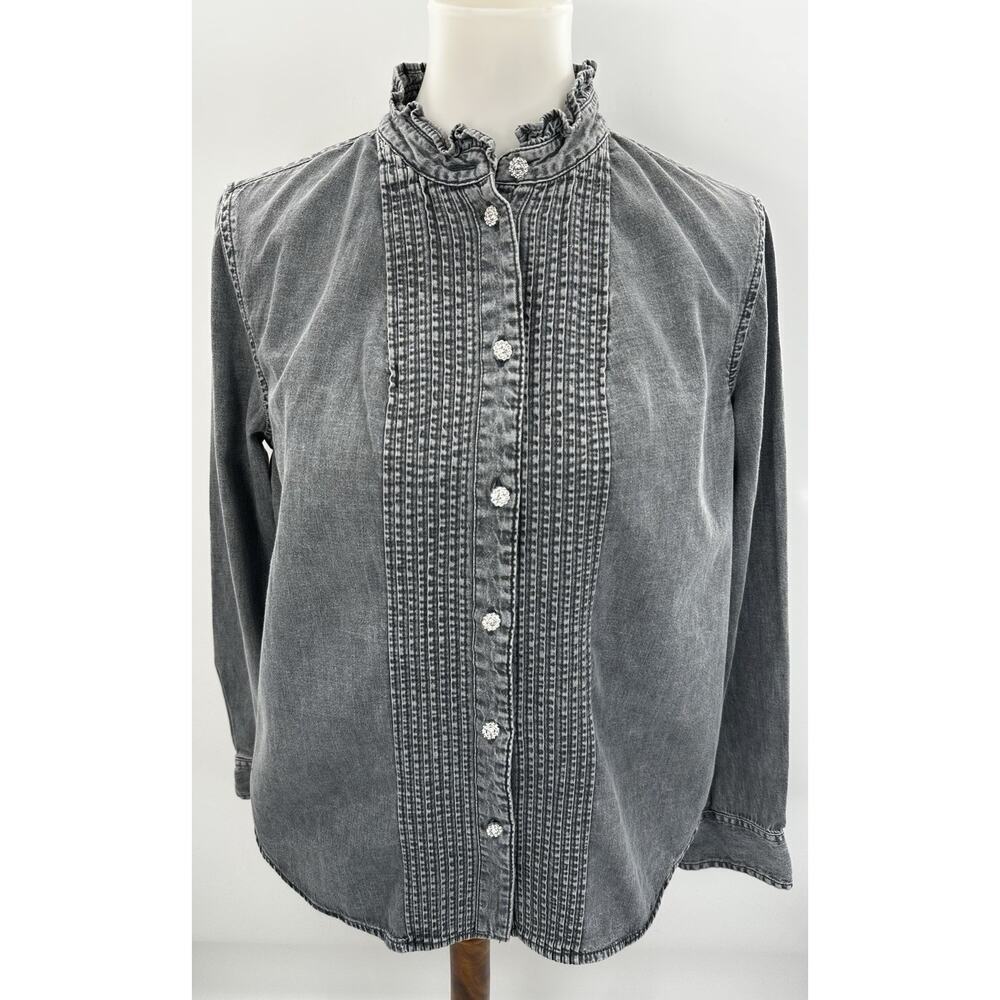 GAP Gray Ruffle Collar Denim Button Blouse Women’s Medium Tencel Lyocell